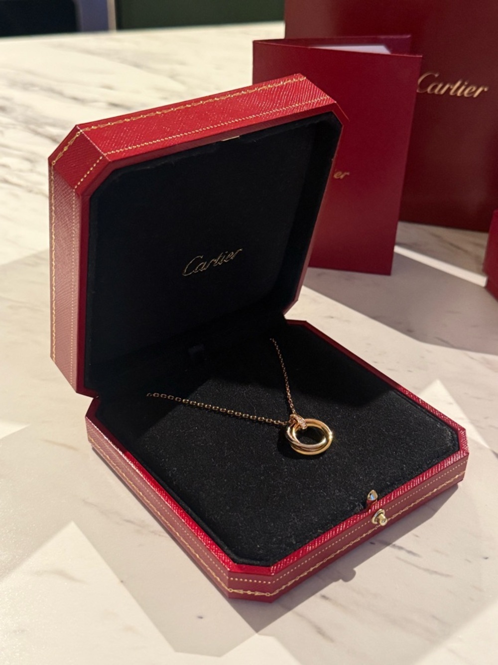 Authentic Cartier Trinity 18K Gold Necklace w/ Diamond Bail – Full Set, Like New - Picture 9 of 13